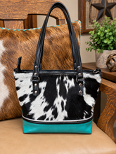 Load image into Gallery viewer, Mini Tote - Black and White Hair on Hide with Turquoise Leather and Black Accent