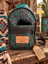 Load image into Gallery viewer, Sling Bag/Turquoise Floral Embossed Leather