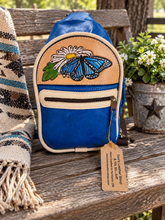 Load image into Gallery viewer, Blue Leather Sling Bag / Crossbody with Hand-Tooled Butterfly & Daisy