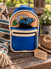 Load image into Gallery viewer, Blue Leather Sling Bag / Crossbody with Hand-Tooled Butterfly & Daisy