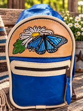 Load image into Gallery viewer, Blue Leather Sling Bag / Crossbody with Hand-Tooled Butterfly & Daisy