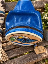 Load image into Gallery viewer, Blue Leather Sling Bag / Crossbody with Hand-Tooled Butterfly & Daisy