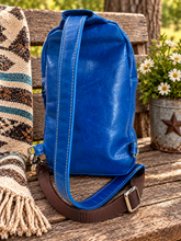 Load image into Gallery viewer, Blue Leather Sling Bag / Crossbody with Hand-Tooled Butterfly & Daisy