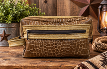 Load image into Gallery viewer, Toiletry/Cosmetic Bag/Shaving Kit - Brown Reptile Embossed and Tan Leather