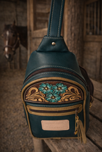 Load image into Gallery viewer, Sling Bag/Crossbody Forest Green Leather with turquoise floral Tooling