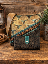 Load image into Gallery viewer, Unique Barbed Wire Lace on Longhorn Embossed Leather Crossbody Purse