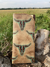 Load image into Gallery viewer, Crossbody/Fanny Pack Set - Turquoise Cow Skull Embossed Leather