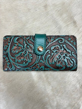 Load image into Gallery viewer, Handcrafted Turquoise Floral Embossed and Champagne Hair-on-Hide Crossbody