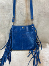 Load image into Gallery viewer, Mini Crossbody - Brown Spotted Hair-on-Hide with Blue Fringe Leather