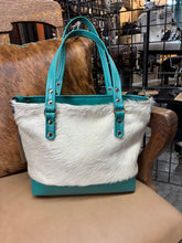 Load image into Gallery viewer, Mini Tote - Champaigne Hair on Hide with Turquoise Leather