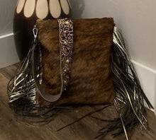 Load image into Gallery viewer, Crossbody - Brindle Cowhide with Gold Fringe