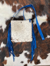 Load image into Gallery viewer, Mini Crossbody - Brown Spotted Hair-on-Hide with Blue Fringe Leather