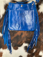 Load image into Gallery viewer, Mini Crossbody - Brown Spotted Hair-on-Hide with Blue Fringe Leather