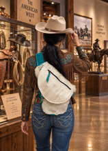 Load image into Gallery viewer, Sling Backpack - Champagne Hair-on-Hide and Turquoise