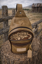 Load image into Gallery viewer, Sling Bag/Crossbody Tan Leather with Floral Tooling