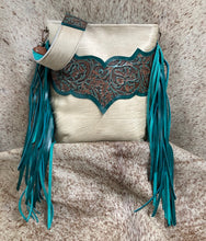 Load image into Gallery viewer, Designer Turquoise Floral Embossed and Champagne Hair-on-Hide Crossbody