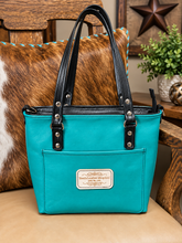 Load image into Gallery viewer, Mini Tote - Black and White Hair on Hide with Turquoise Leather and Black Accent