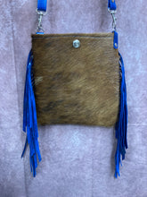 Load image into Gallery viewer, Mini Crossbody - Brown Hair-on-Hide with Blue Fringe Leather