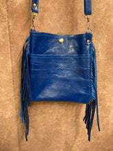 Load image into Gallery viewer, Mini Crossbody - Brown Hair-on-Hide with Blue Fringe Leather