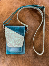 Load image into Gallery viewer, Cell Phone Purse - Turquoise w/Seafoam Floral Embossed Leather