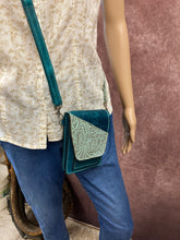 Load image into Gallery viewer, Cell Phone Purse - Turquoise w/Seafoam Floral Embossed Leather