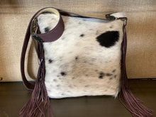 Load image into Gallery viewer, Large Black and White Speckled Cowhide Crossbody with Plum Fringe