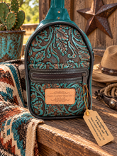 Load image into Gallery viewer, Sling Bag/Turquoise Floral Embossed Leather
