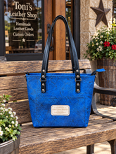 Load image into Gallery viewer, Mini Tote - Blue Splash of Color Hair on Hide with black accent
