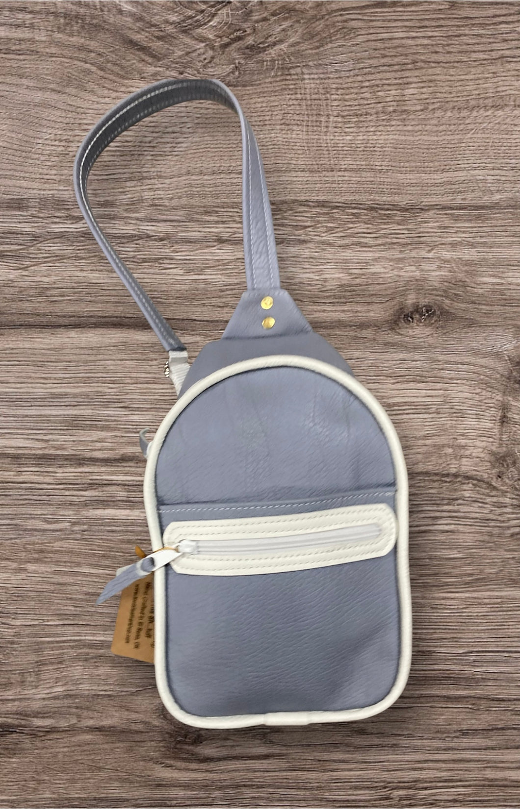 Sling Bag/Crossbody Misty Blue Leather with White Trim