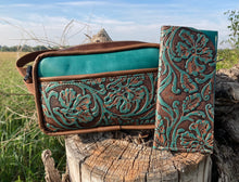 Load image into Gallery viewer, Crossbody/Fanny Pack Set - Turquoise Floral Embossed Leather
