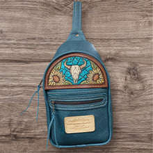 Load image into Gallery viewer, Sling Bag/Crossbody Deep Aqua Blue Leather with Skull and Sunflower Tooling
