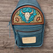 Load image into Gallery viewer, Sling Bag/Crossbody Deep Aqua Blue Leather with Skull and Sunflower Tooling
