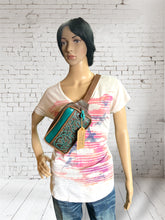 Load image into Gallery viewer, Crossbody/Fanny Pack Set - Turquoise Floral Embossed Leather
