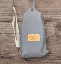 Load image into Gallery viewer, Sling Bag/Crossbody Misty Blue Leather with White Trim
