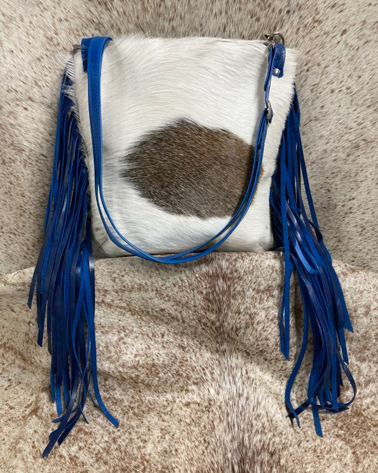Crossbody - White and Brown Hair-on-Hide with Blue Fringe