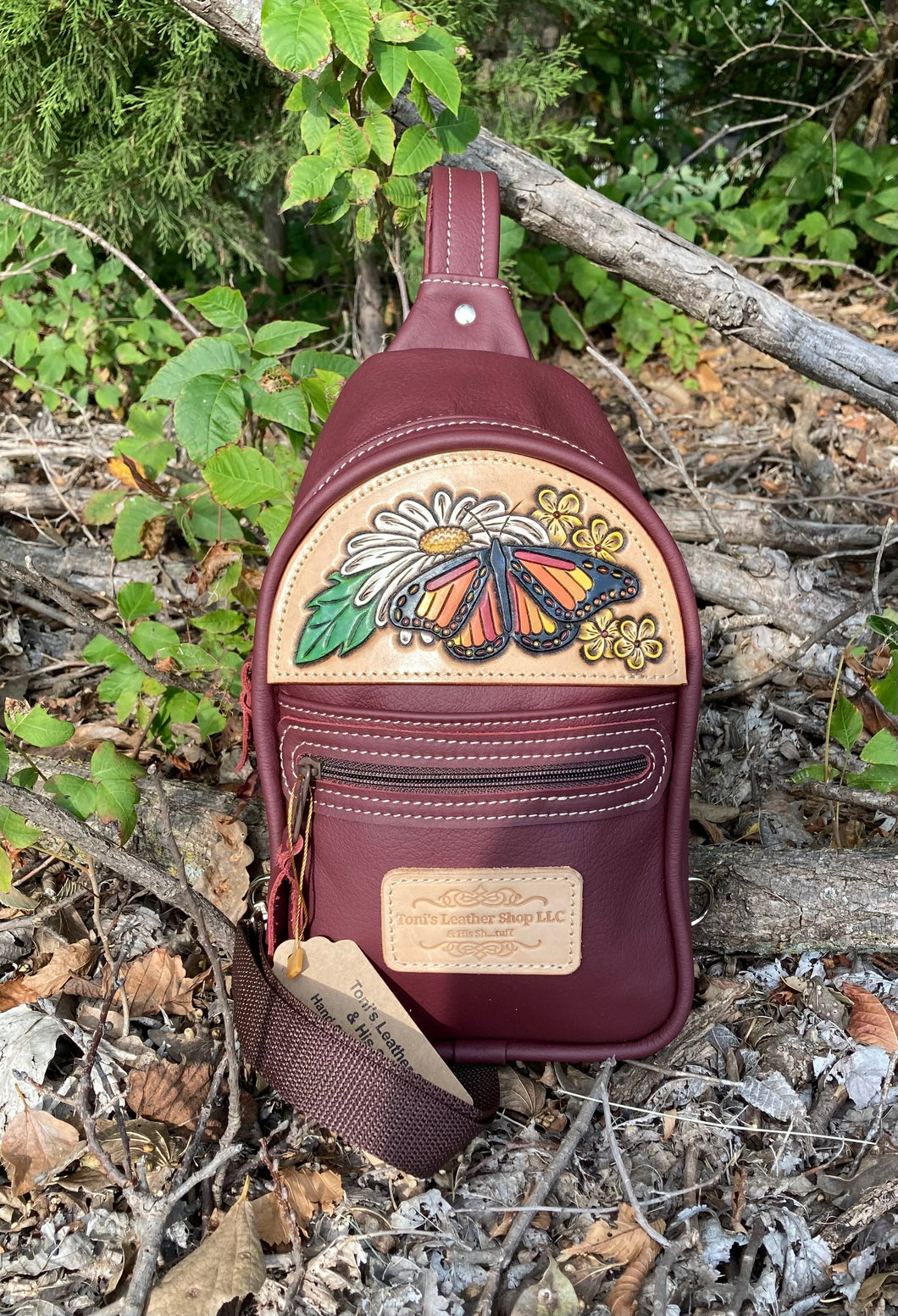 Sling Bag/Crossbody Crimson and Butterfly Tooling