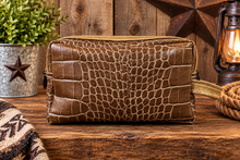 Load image into Gallery viewer, Toiletry/Cosmetic Bag/Shaving Kit - Brown Reptile Embossed and Tan Leather
