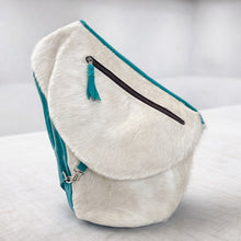 Load image into Gallery viewer, Sling Backpack - Champagne Hair-on-Hide and Turquoise

