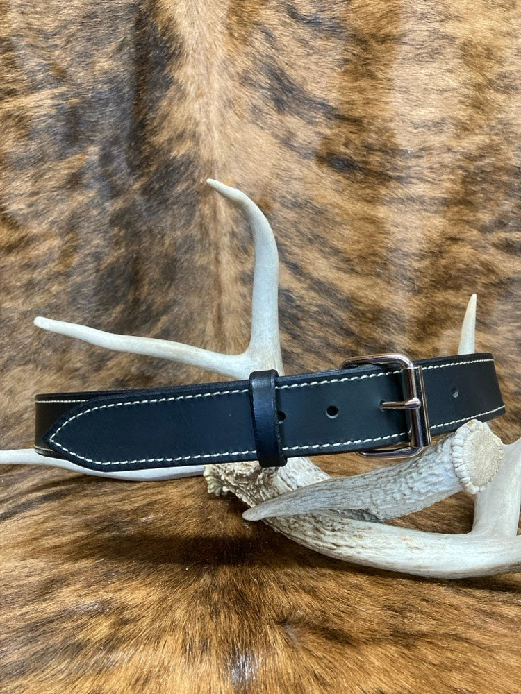 Black Water Buffalo Dress Belts - Natural Stitching, Nickel Roller Buckle