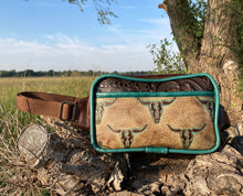 Load image into Gallery viewer, Crossbody/Fanny Pack Set - Turquoise Cow Skull Embossed Leather

