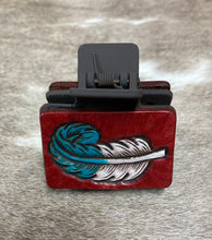 Load image into Gallery viewer, Claw Clip, Small - Tooled Turquoise and White Feather
