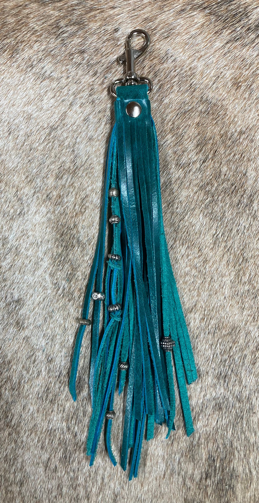 Purse Tassel - Turquoise Leather with Silver Beads