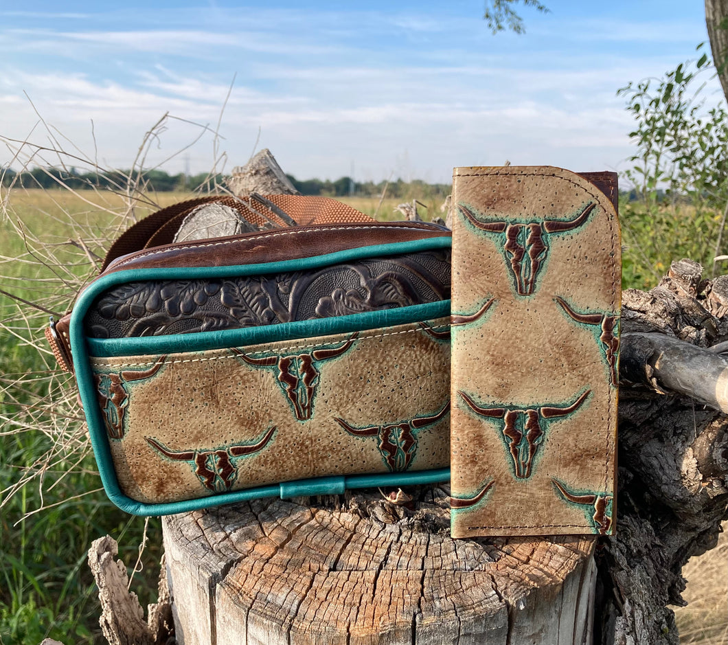 Crossbody/Fanny Pack Set - Turquoise Cow Skull Embossed Leather