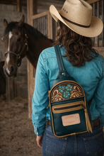 Load image into Gallery viewer, Sling Bag/Crossbody Forest Green Leather with turquoise floral Tooling
