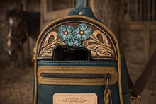 Load image into Gallery viewer, Sling Bag/Crossbody Forest Green Leather with turquoise floral Tooling
