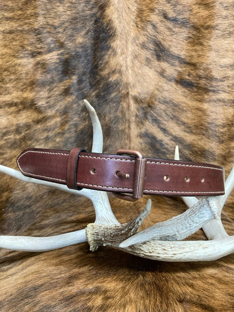 Mahogany Heavy Duty Belt - Natural Stitching, Copper Roller Buckle