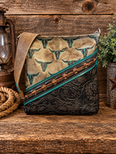 Load image into Gallery viewer, Unique Barbed Wire Lace on Longhorn Embossed Leather Crossbody Purse

