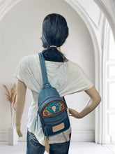 Load image into Gallery viewer, Sling Bag/Crossbody Deep Aqua Blue Leather with Skull and Sunflower Tooling
