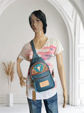 Load image into Gallery viewer, Sling Bag/Crossbody Deep Aqua Blue Leather with Skull and Sunflower Tooling
