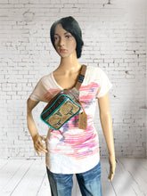 Load image into Gallery viewer, Crossbody/Fanny Pack Set - Turquoise Cow Skull Embossed Leather
